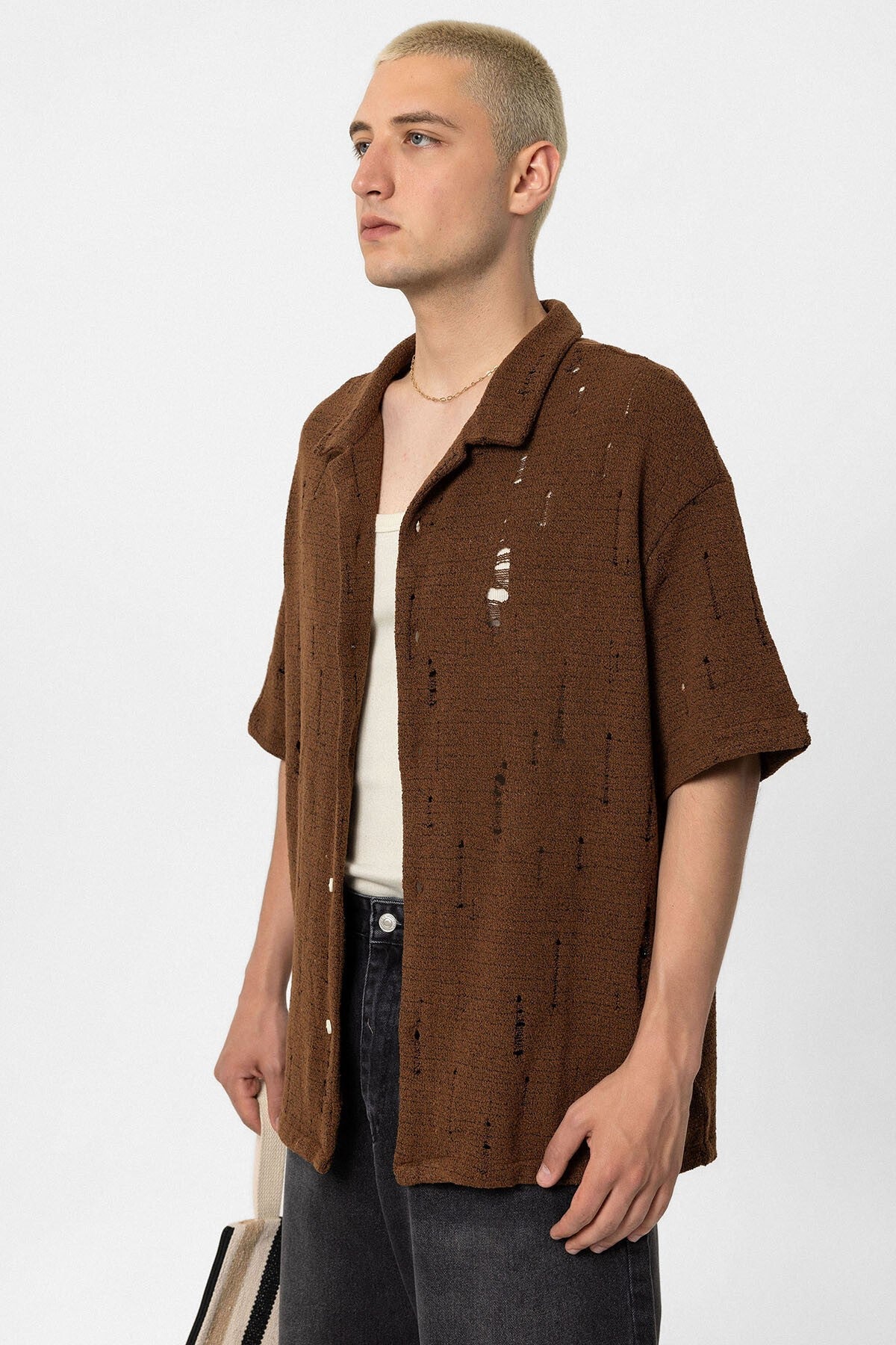 Oversize Deliklı Triko Gömlek