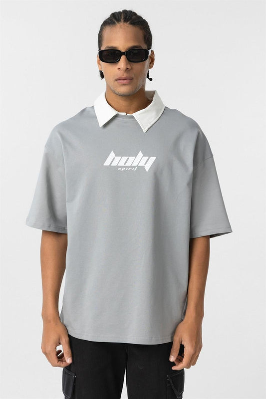 Polo Yaka Oversize Baskılı Tişört