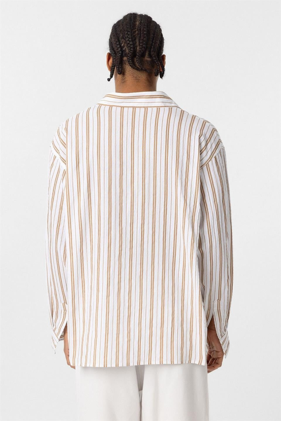 Çizgili Uzun Kollu Oversize Keten Gömlek