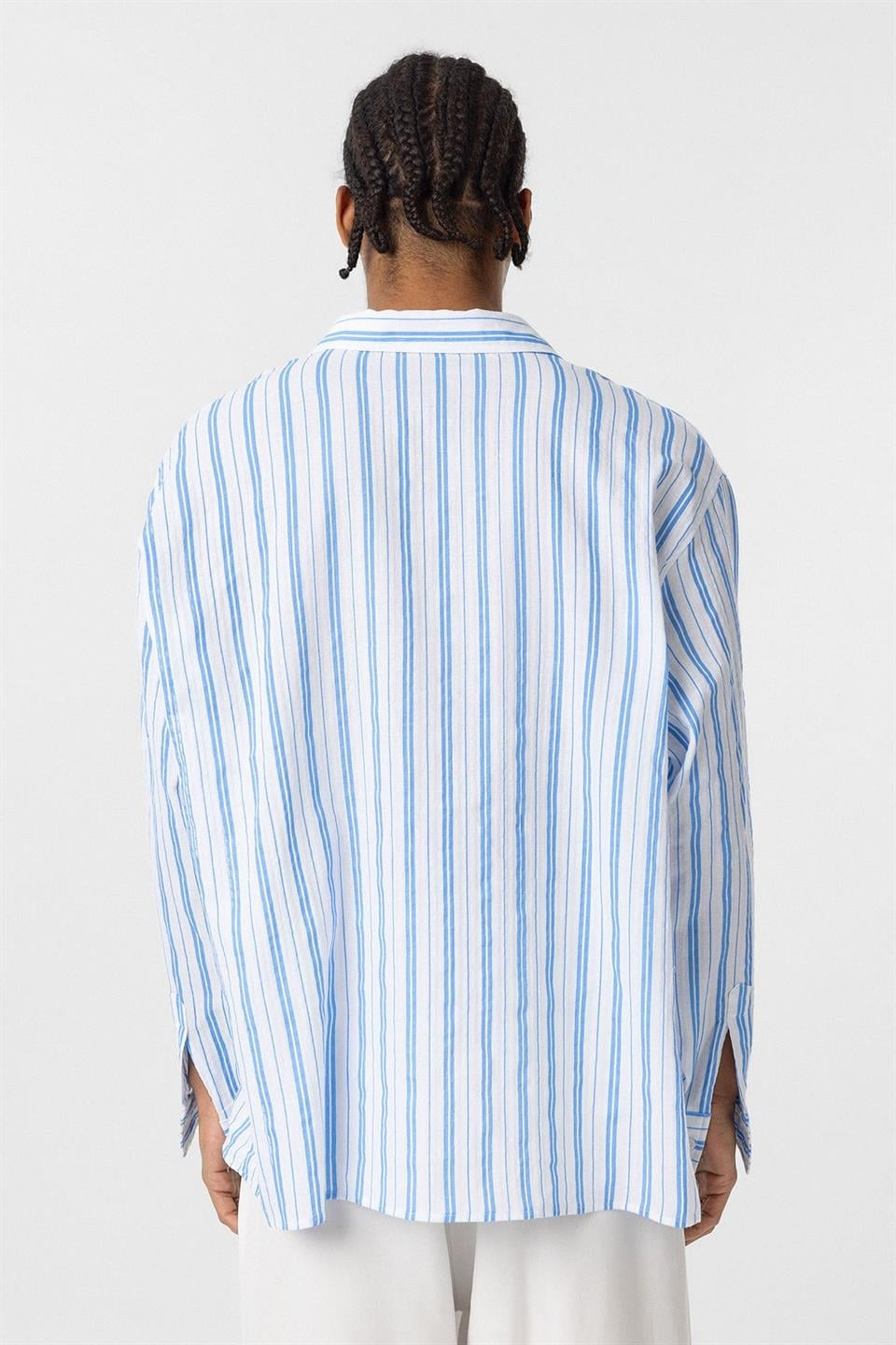 Çizgili Uzun Kollu Oversize Keten Gömlek
