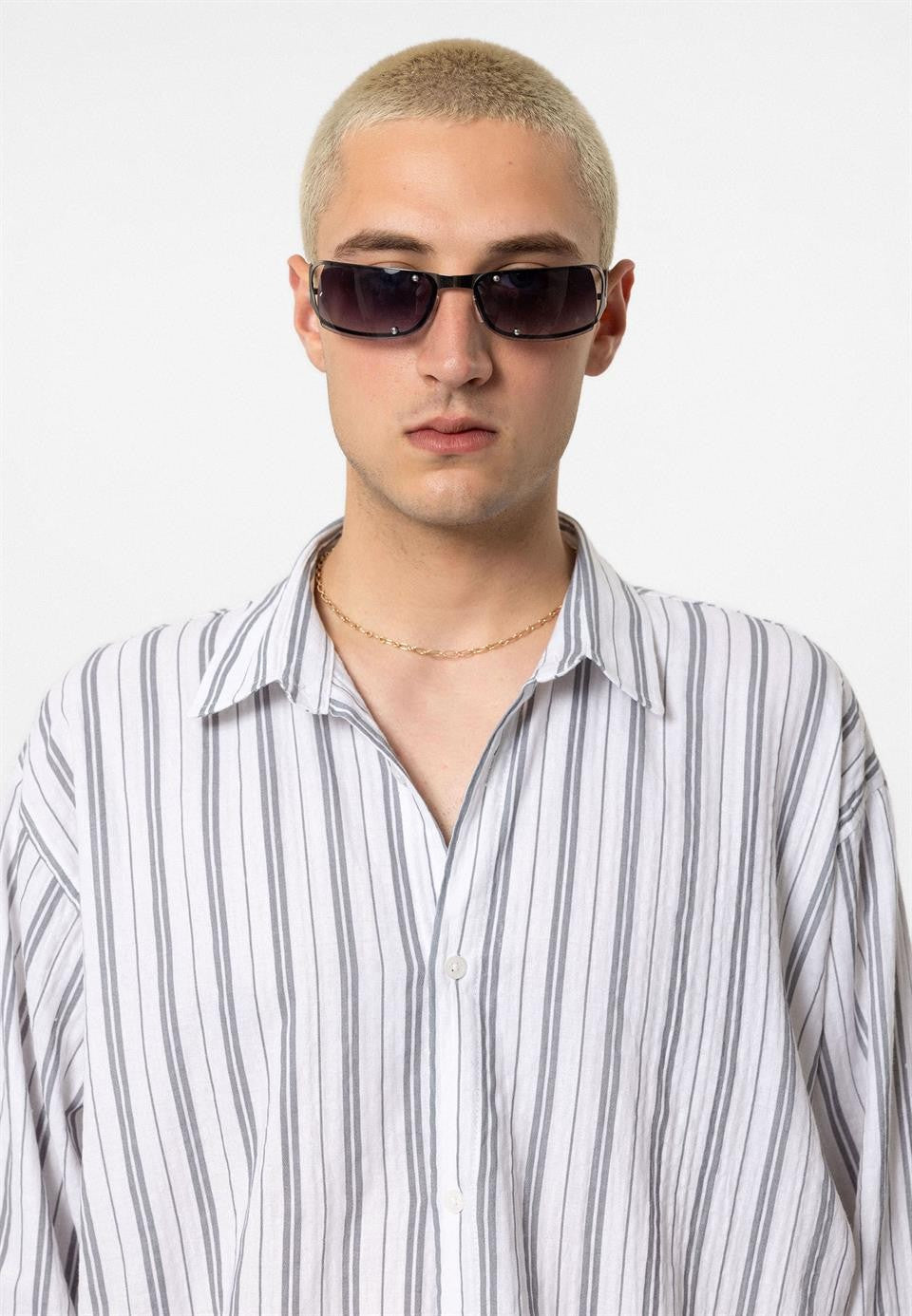 Çizgili Uzun Kollu Oversize Keten Gömlek