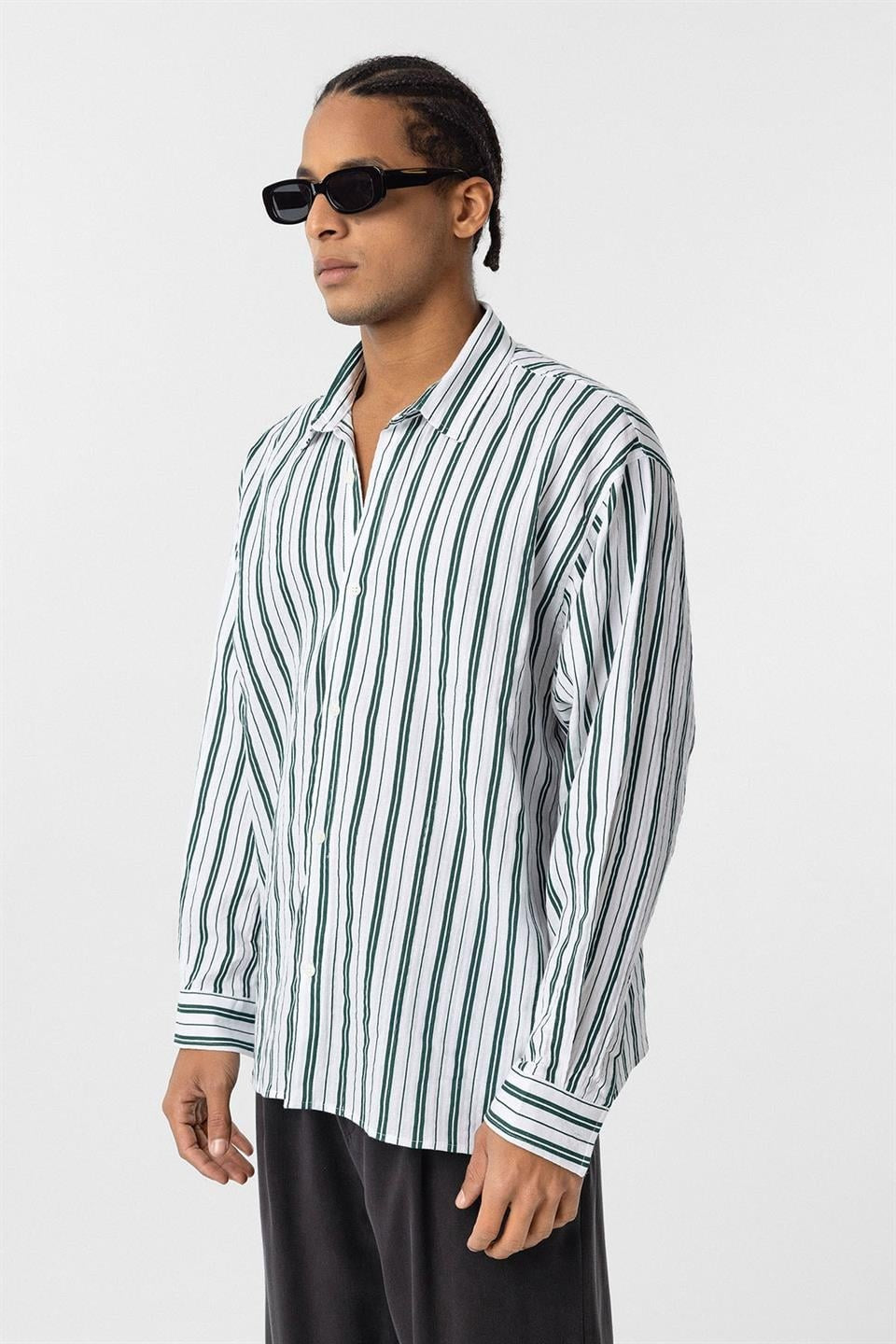 Çizgili Uzun Kollu Oversize Keten Gömlek