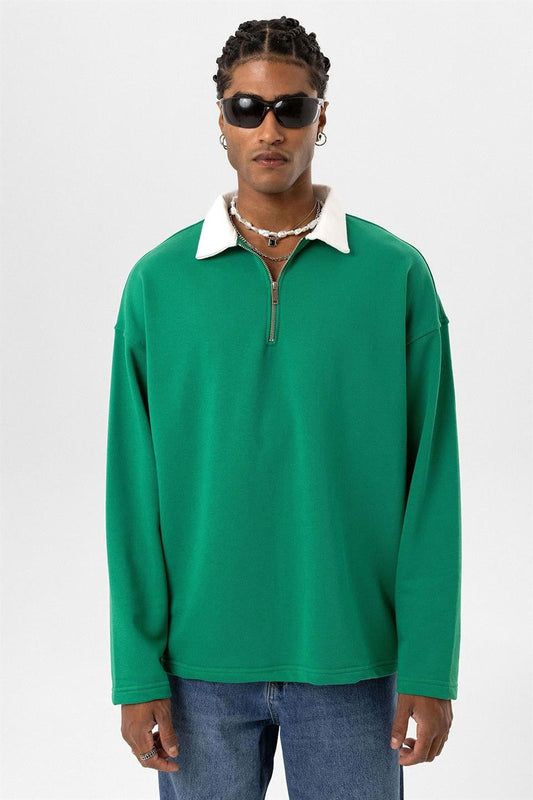 Basic Polo Yaka Fermuar Detaylı Sweatshirt