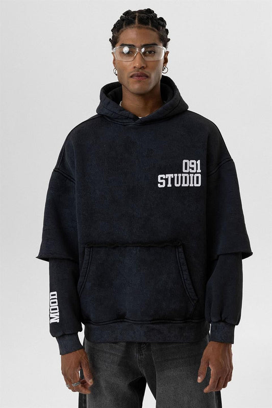 Yıkamalı Çift Kol Detaylı Kapüşonlu Oversize Sweatshirt