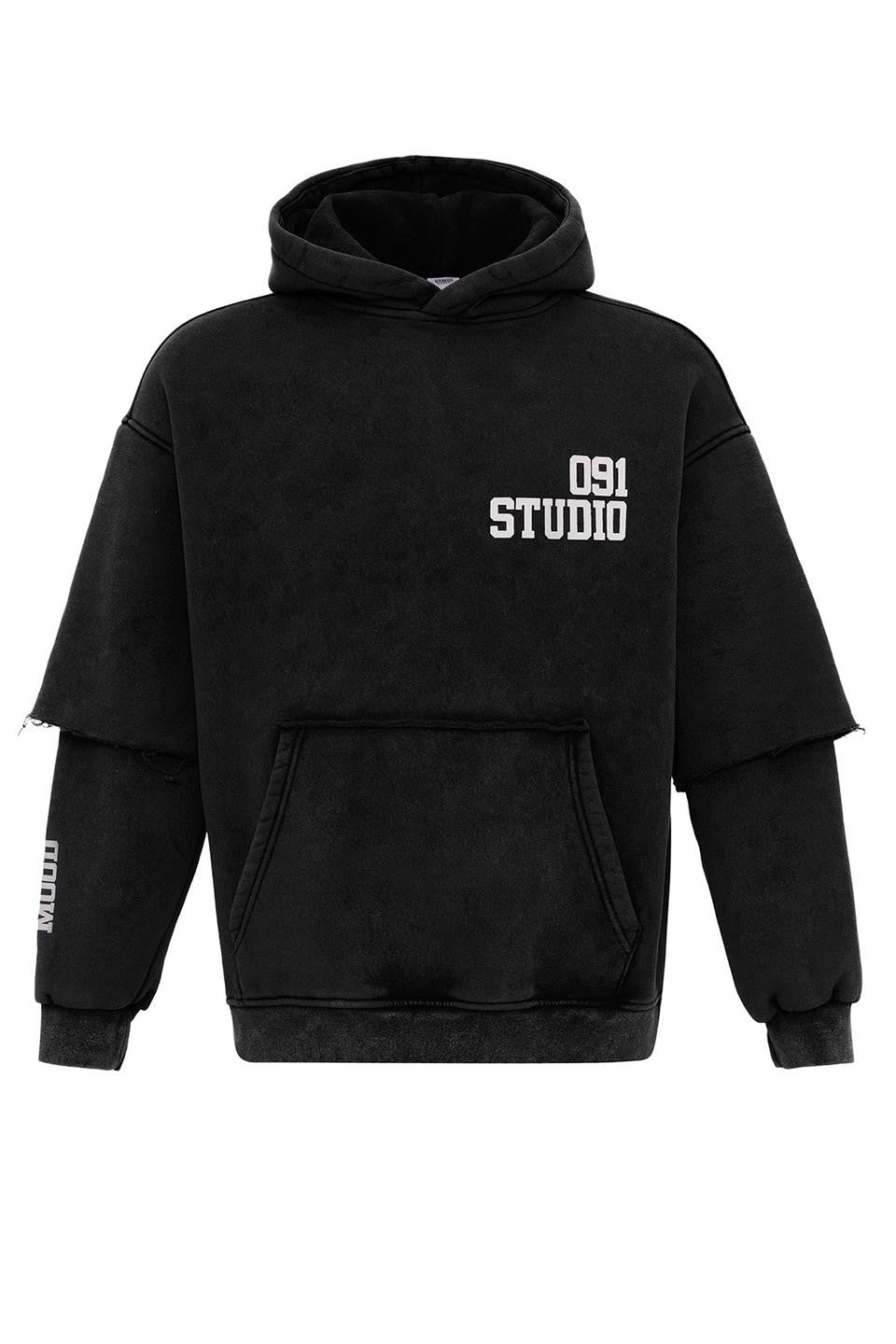 Yıkamalı Çift Kol Detaylı Kapüşonlu Oversize Sweatshirt