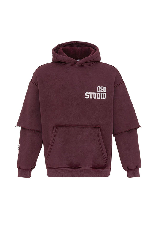 Yıkamalı Çift Kol Detaylı Kapüşonlu Oversize Sweatshirt