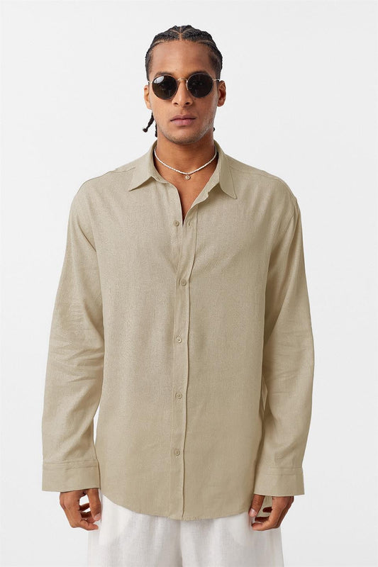 Basic Oversize Uzun Kollu Keten Gömlek