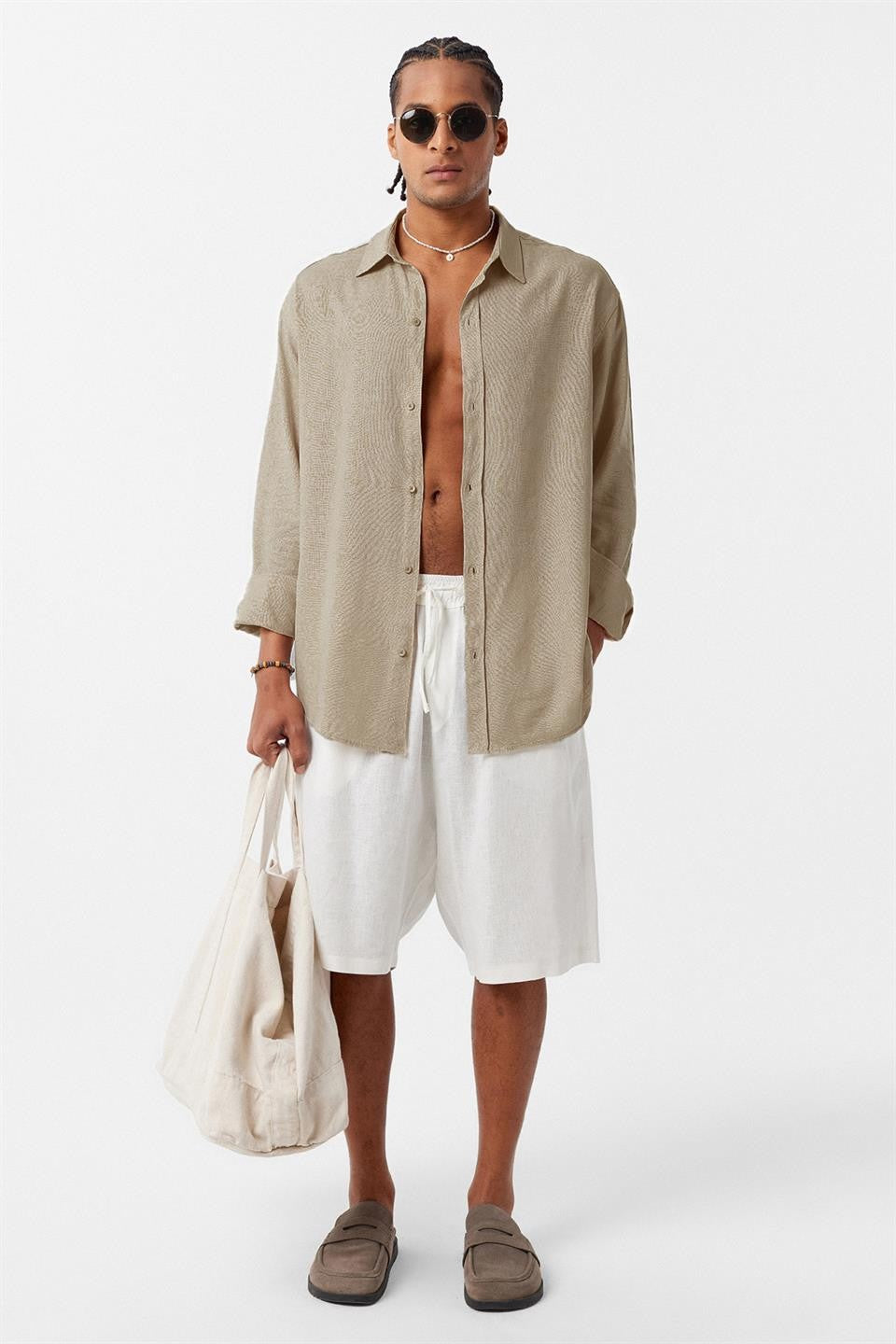 Basic Oversize Uzun Kollu Keten Gömlek