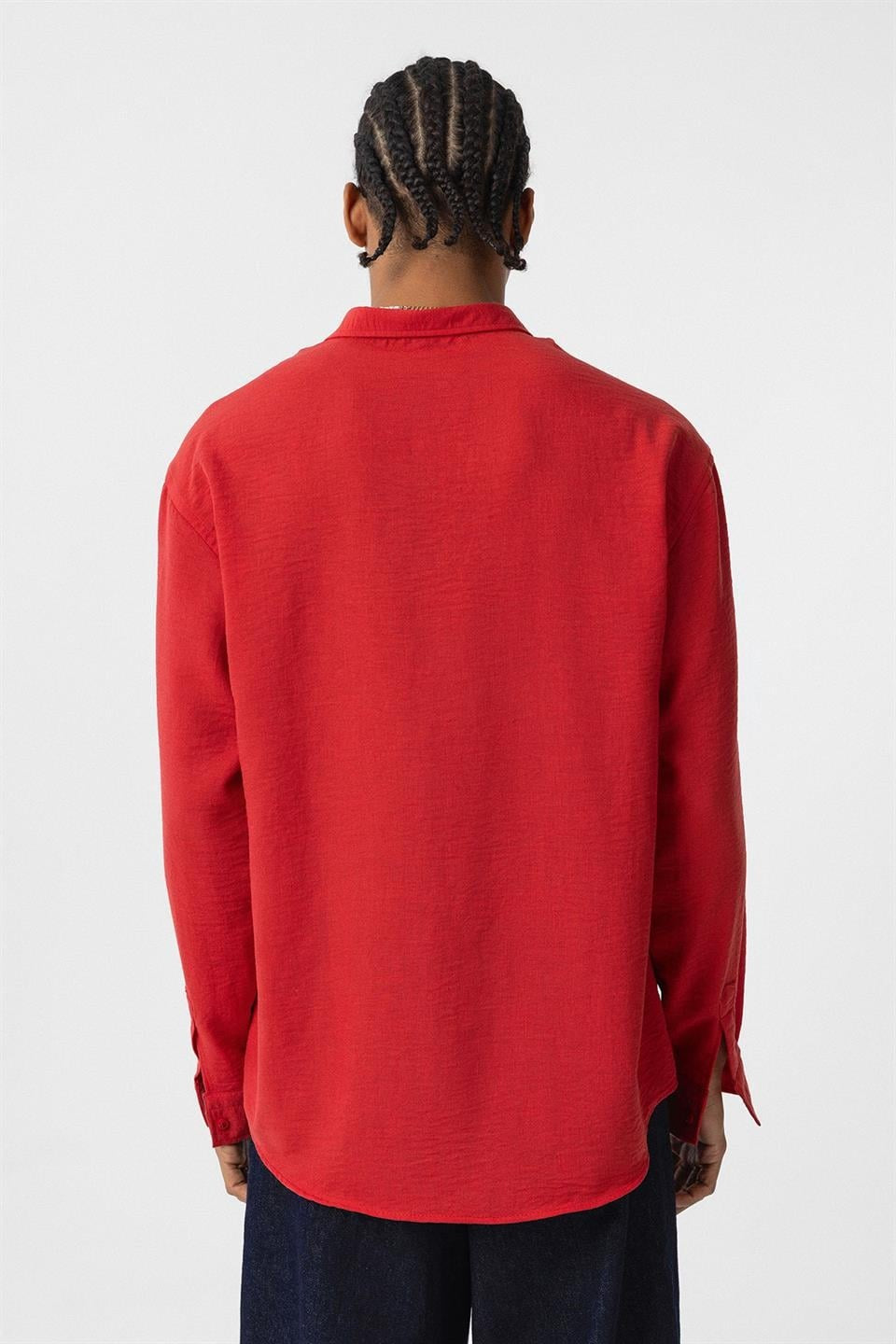 Basic Oversize Uzun Kol Keten Görünümlü Gömlek