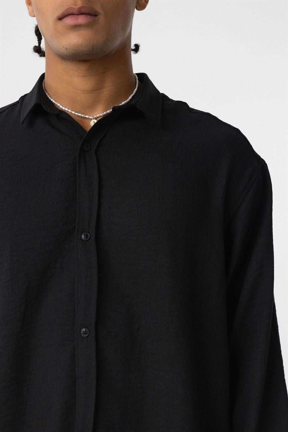 Basic Oversize Uzun Kol Keten Görünümlü Gömlek
