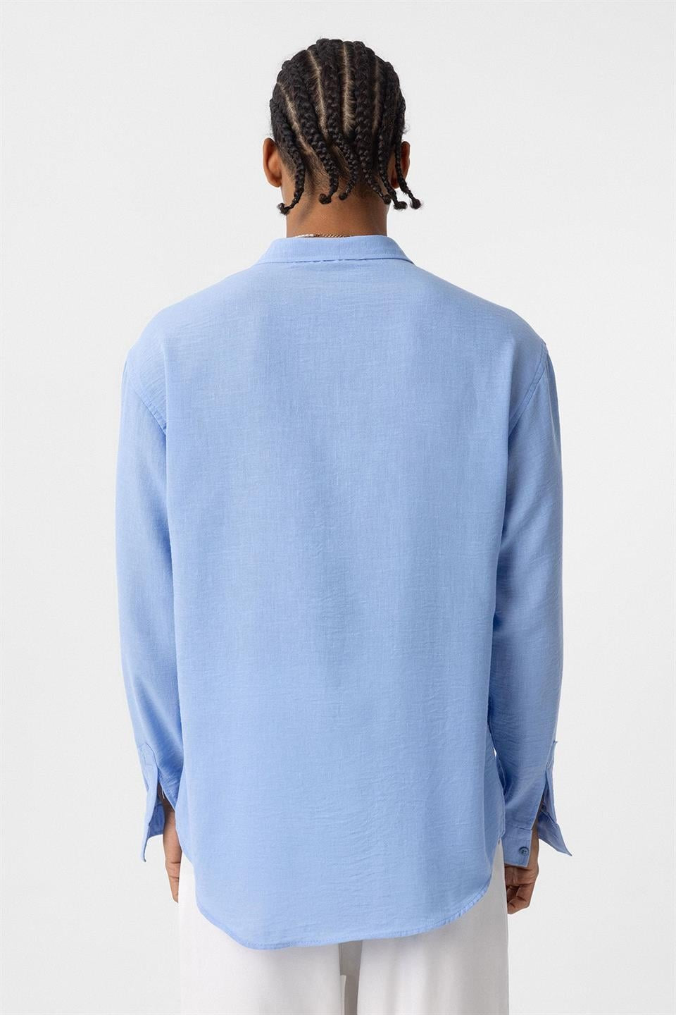 Basic Oversize Uzun Kol Keten Görünümlü Gömlek