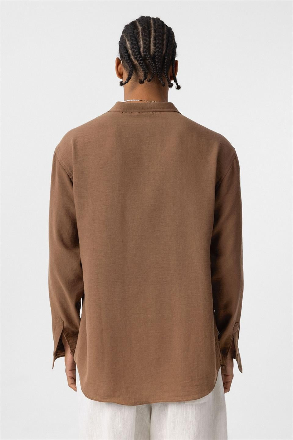 Basic Oversize Uzun Kol Keten Görünümlü Gömlek
