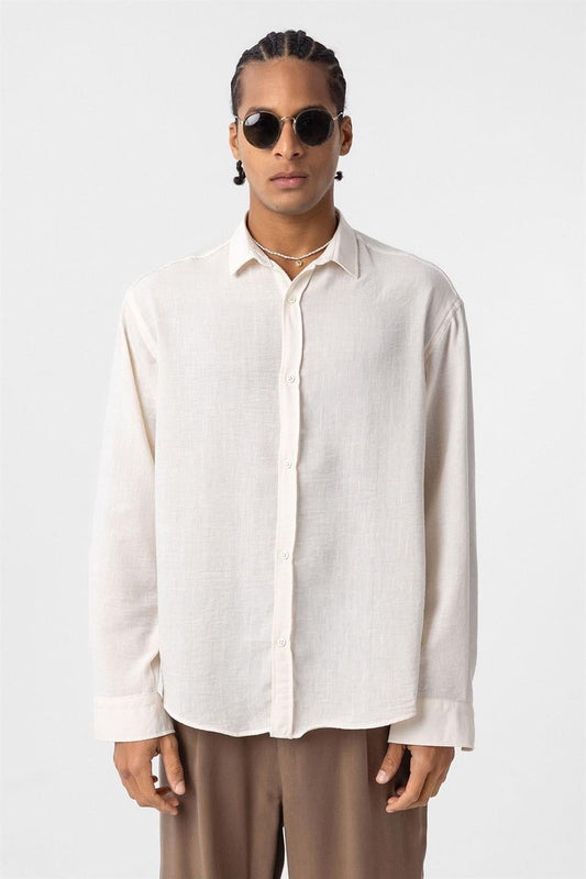 Basic Oversize Uzun Kol Keten Görünümlü Gömlek