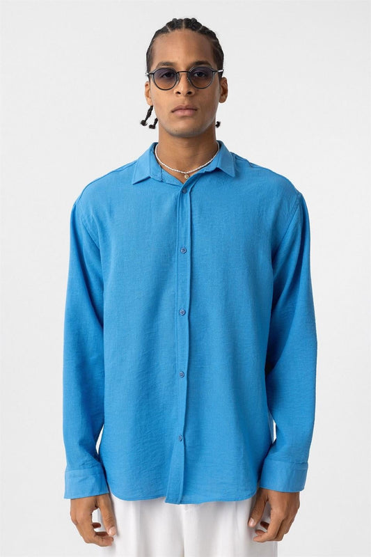 Basic Oversize Uzun Kol Keten Görünümlü Gömlek