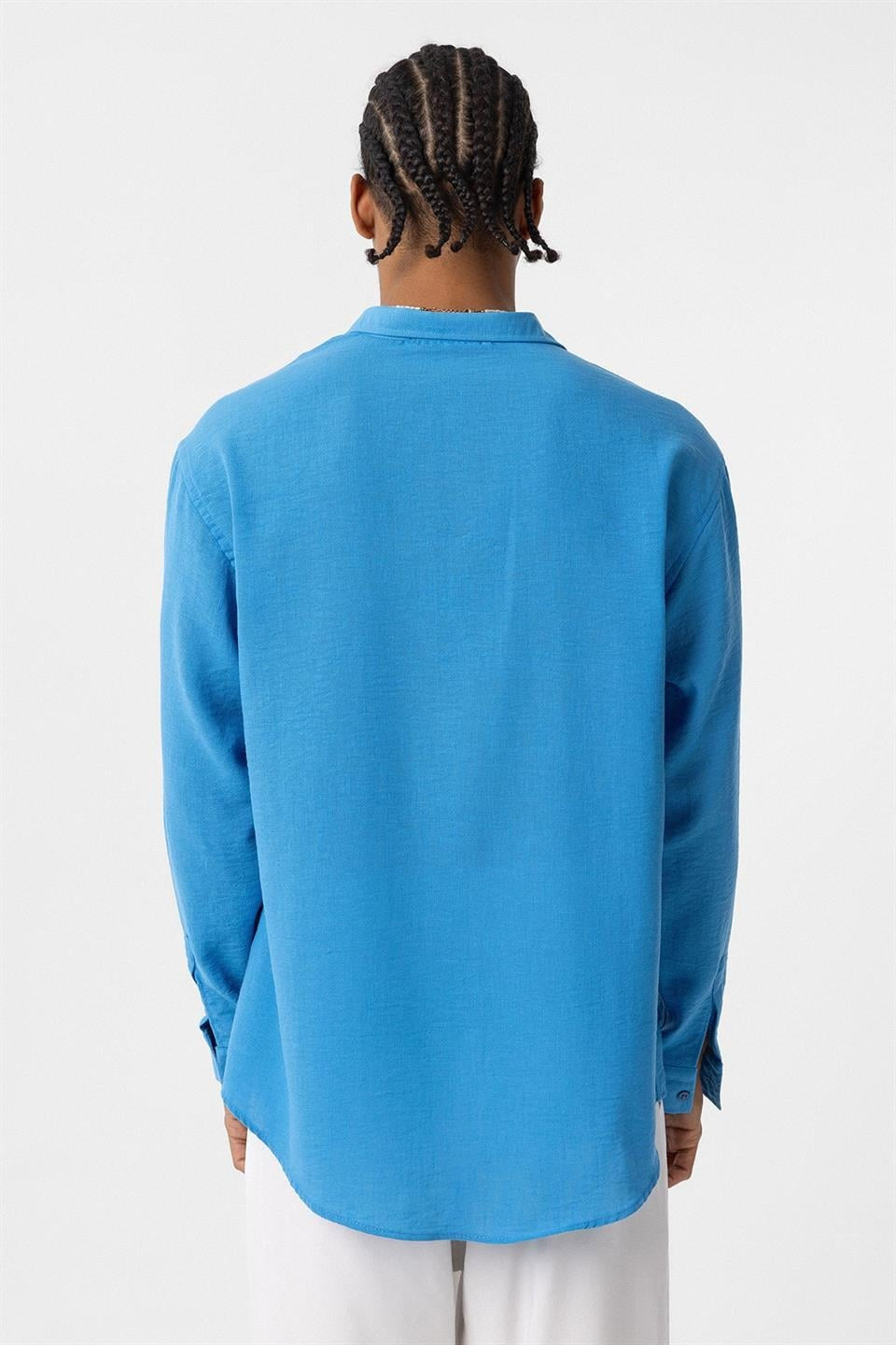 Basic Oversize Uzun Kol Keten Görünümlü Gömlek