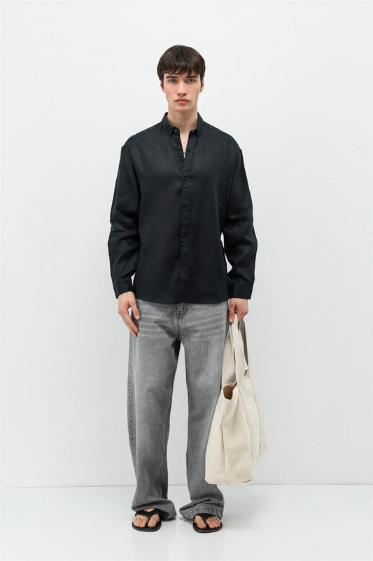 %100 Keten Oversize Uzun Kollu Gömlek