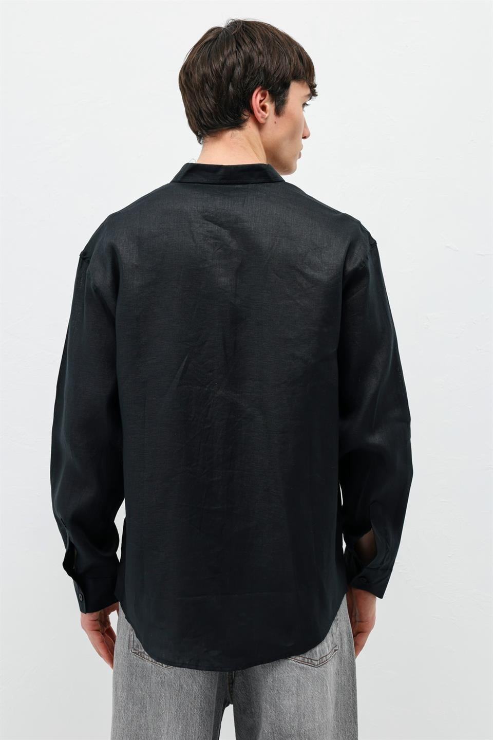 %100 Keten Oversize Uzun Kollu Gömlek