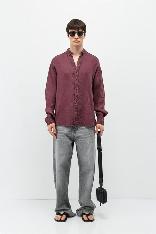 %100 Keten Oversize Uzun Kollu Gömlek