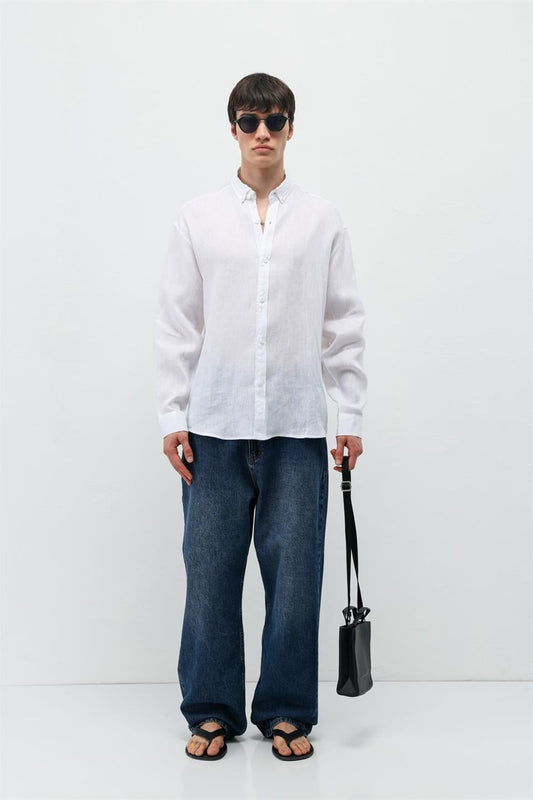 %100 Keten Oversize Uzun Kollu Gömlek