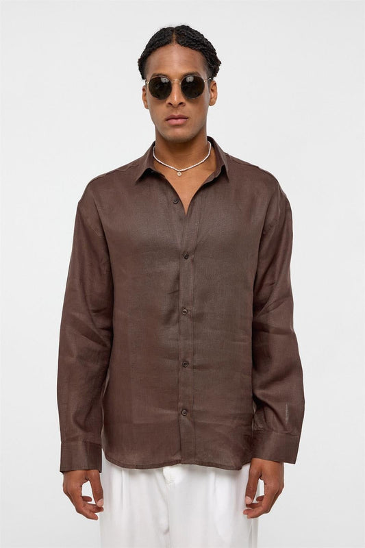 %100 Keten Oversize Uzun Kollu Gömlek