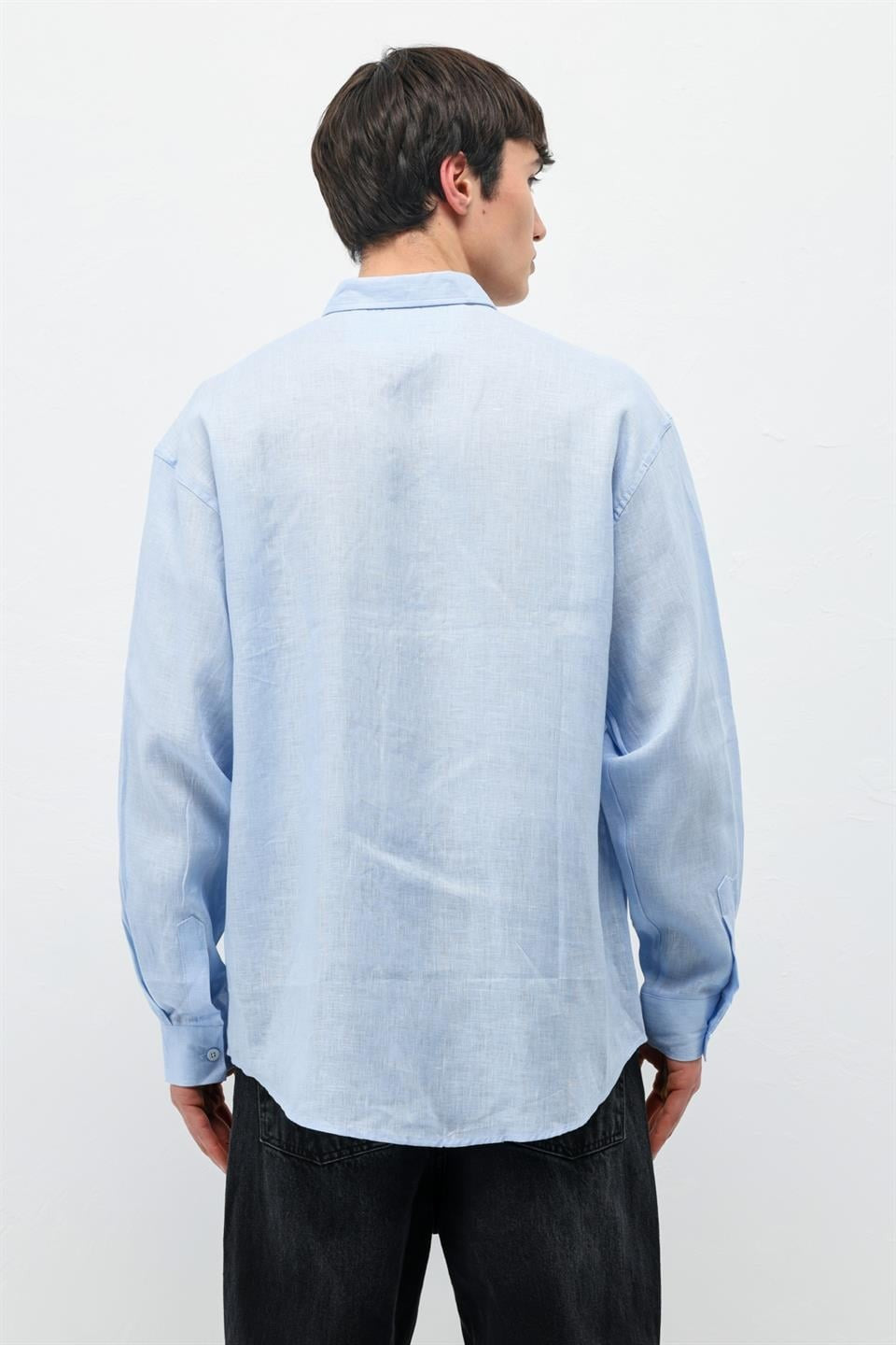 %100 Keten Oversize Uzun Kollu Gömlek