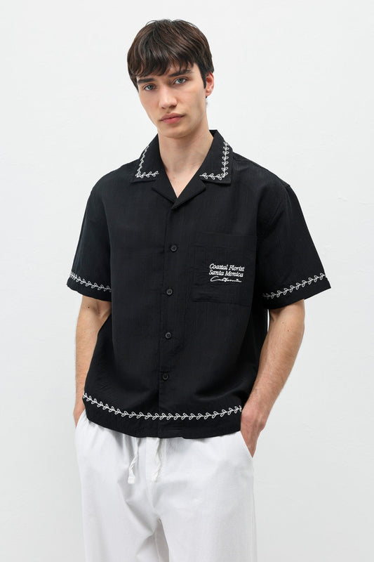 Oversize Yazı Baskılı Keten Gömlek