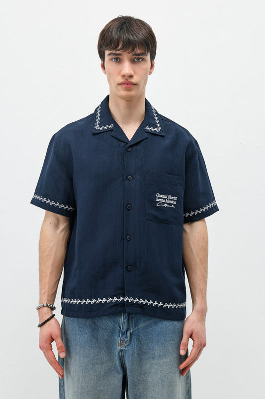 Oversize Yazı Baskılı Keten Gömlek