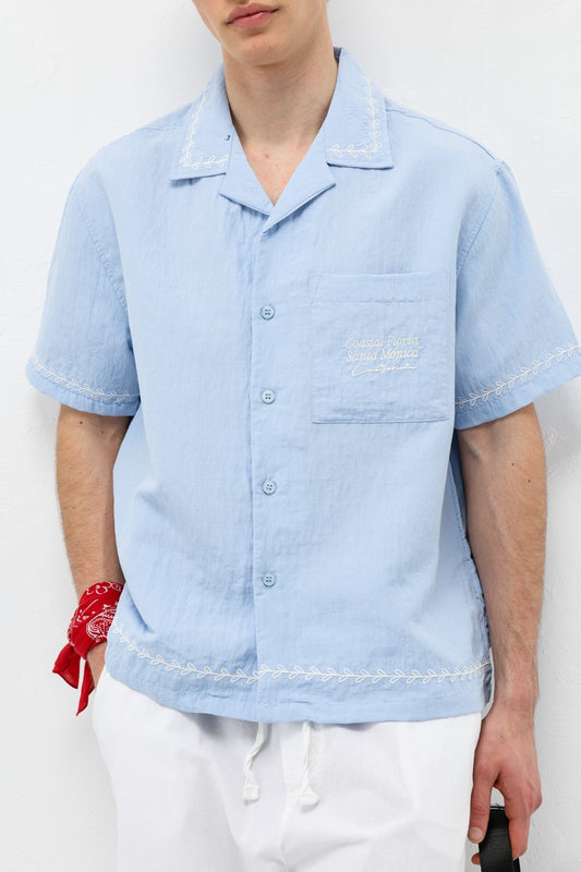 Oversize Yazı Baskılı Keten Gömlek