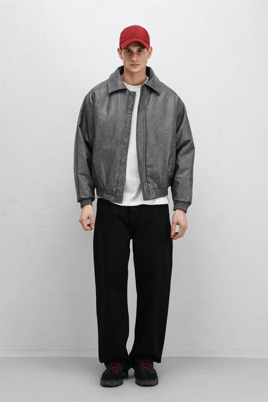 Oversize Deri Bomber Ceket