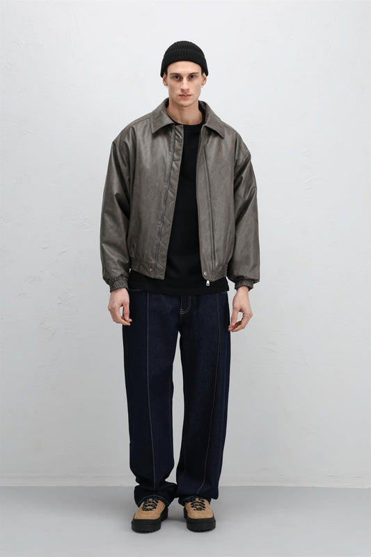 Oversize Deri Bomber Ceket