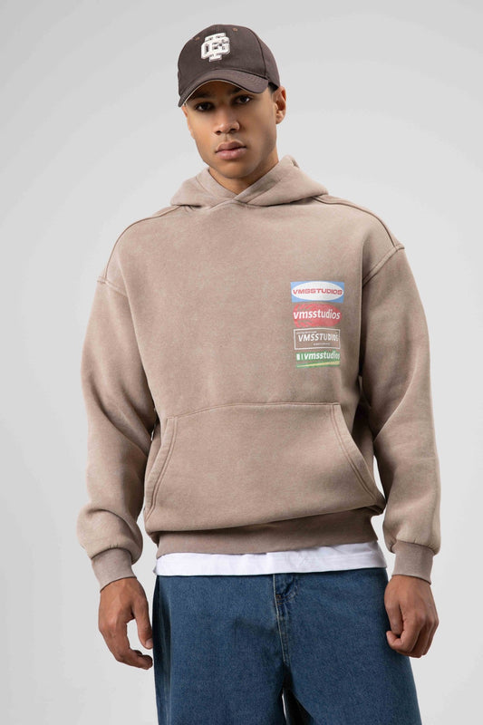 Oversize Yıkamalı Baskılı Kapüşonlu Sweatshirt