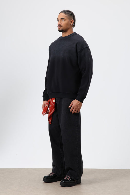 Yıkamalı Taş Detaylı Oversize Sweatshirt