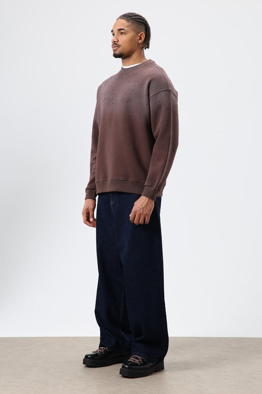 Yıkamalı Taş Detaylı Oversize Sweatshirt