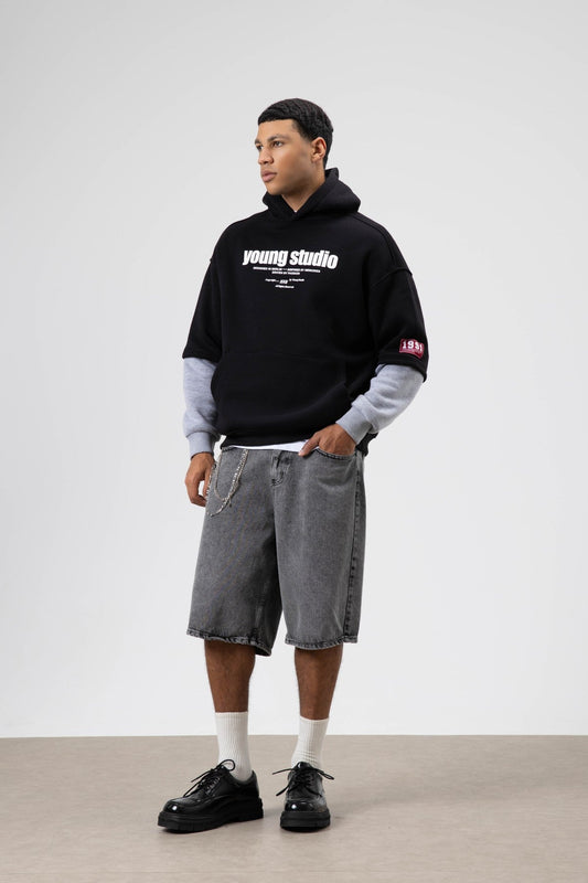 Oversize Baskılı Kapüşonlu Sweatshirt Siyah