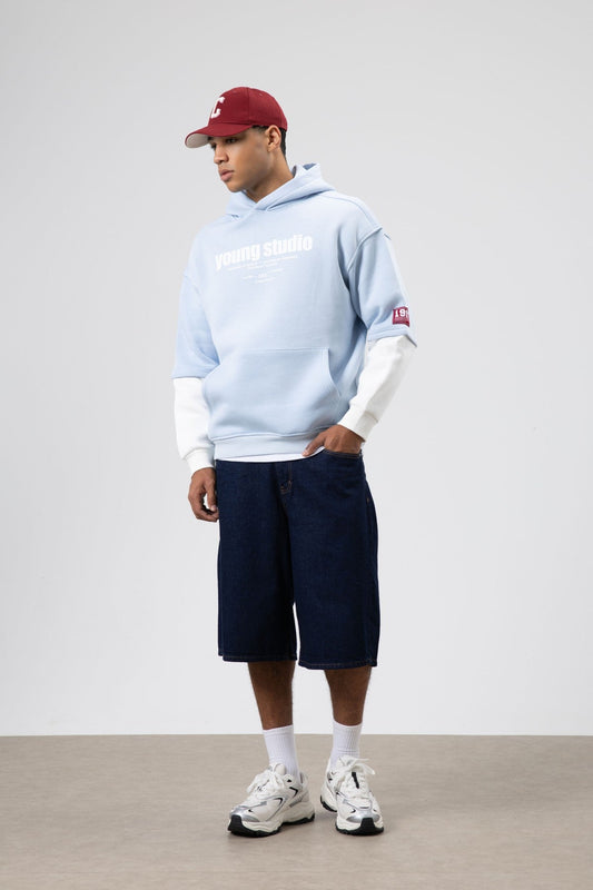 Oversize Baskılı Kapüşonlu Sweatshirt Bebe Mavi