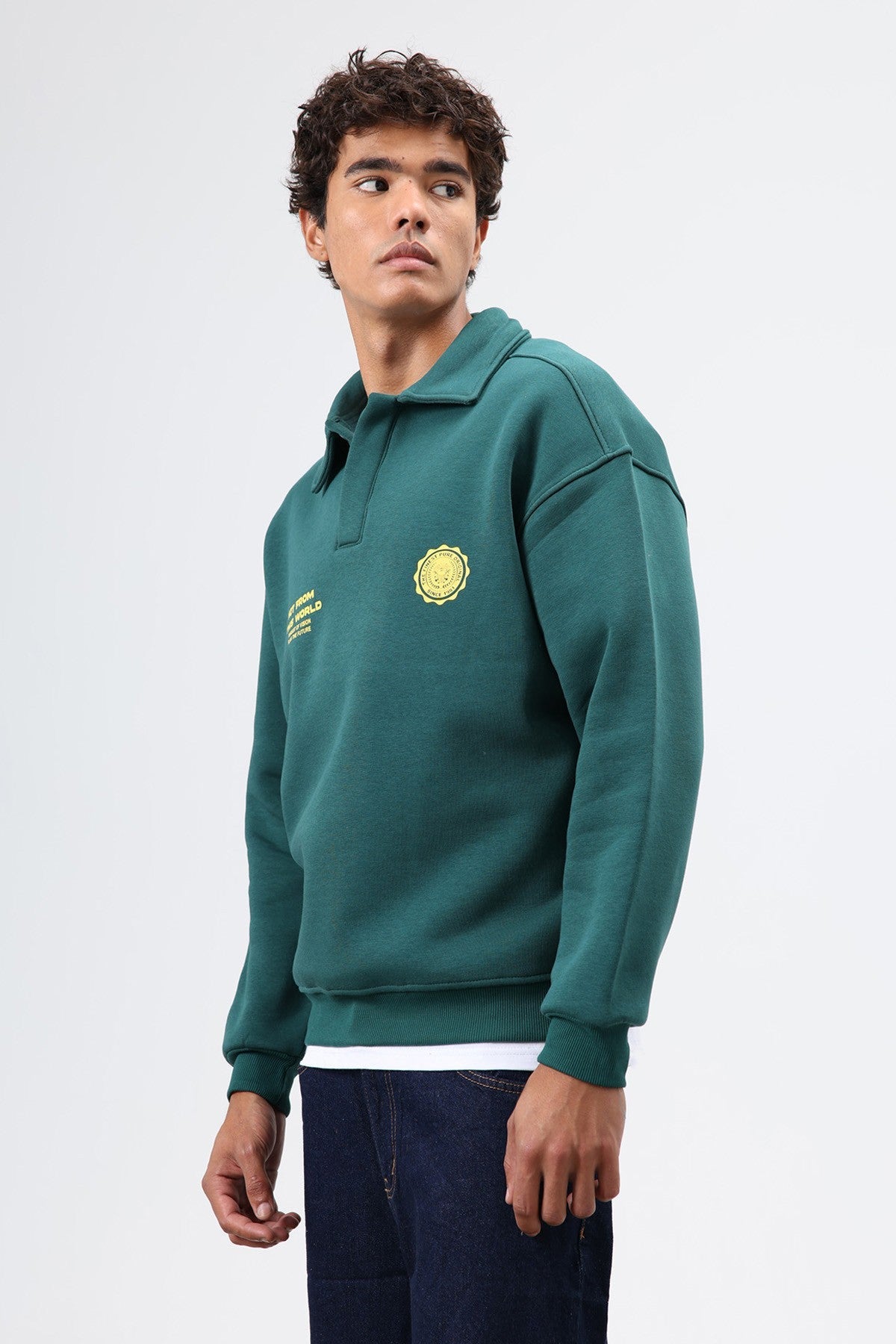 Polo Yaka Oversize Baskılı Yıkamalı Sweatshirt