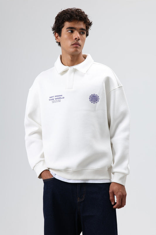 Polo Yaka Oversize Baskılı Yıkamalı Sweatshirt