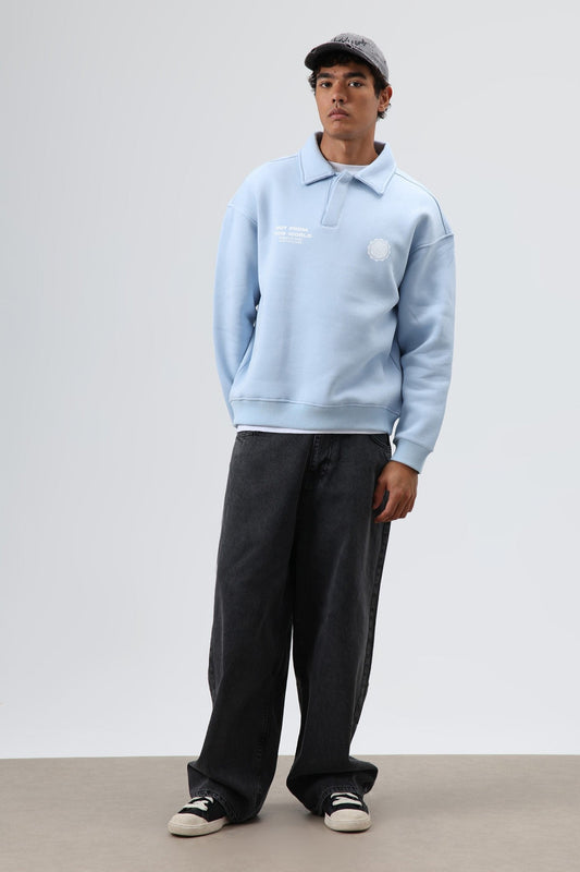 Polo Yaka Oversize Baskılı Yıkamalı Sweatshirt