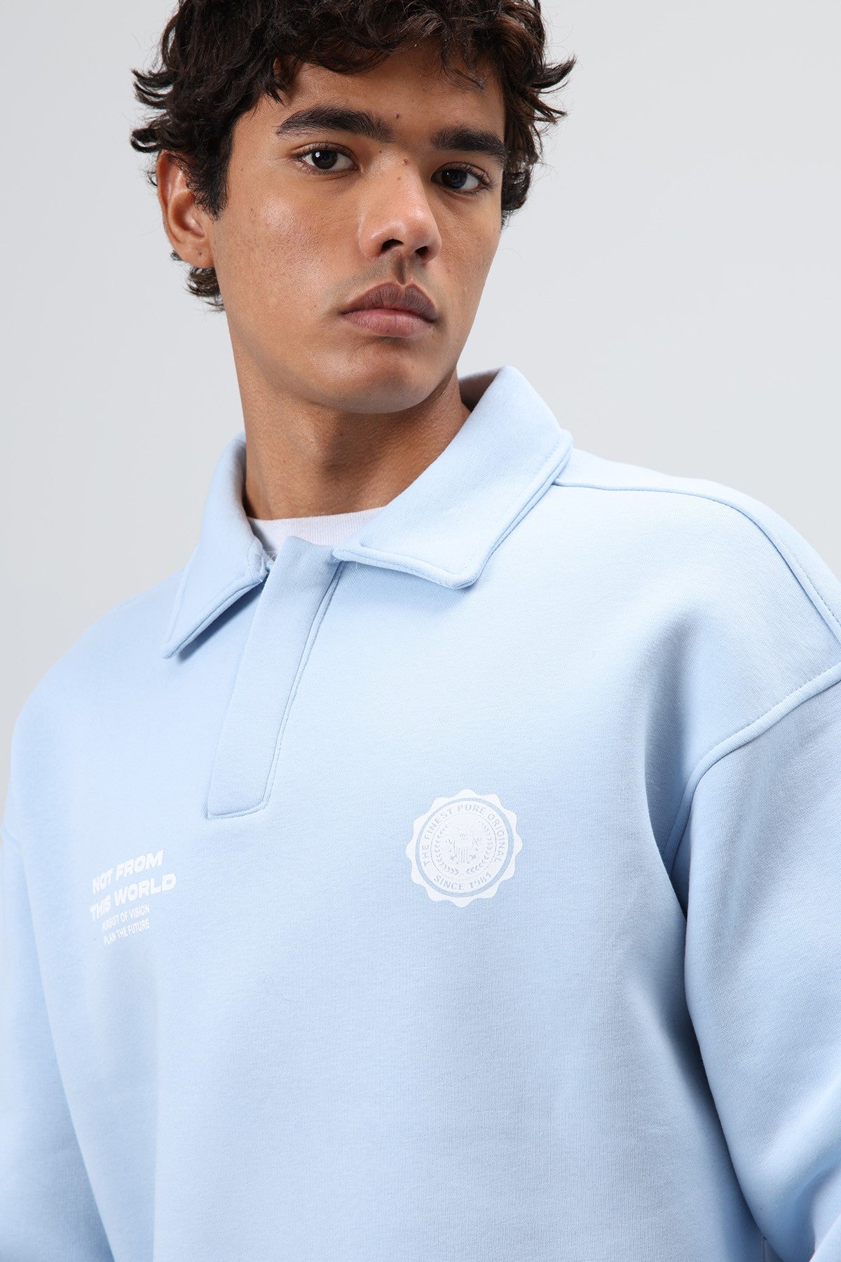 Polo Yaka Oversize Baskılı Yıkamalı Sweatshirt