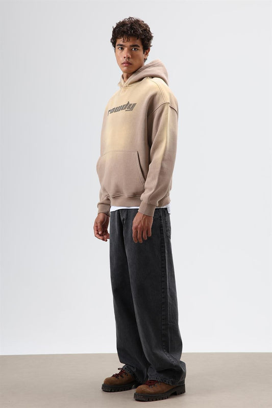Oversize Baskılı Yıkamalı Hoodie