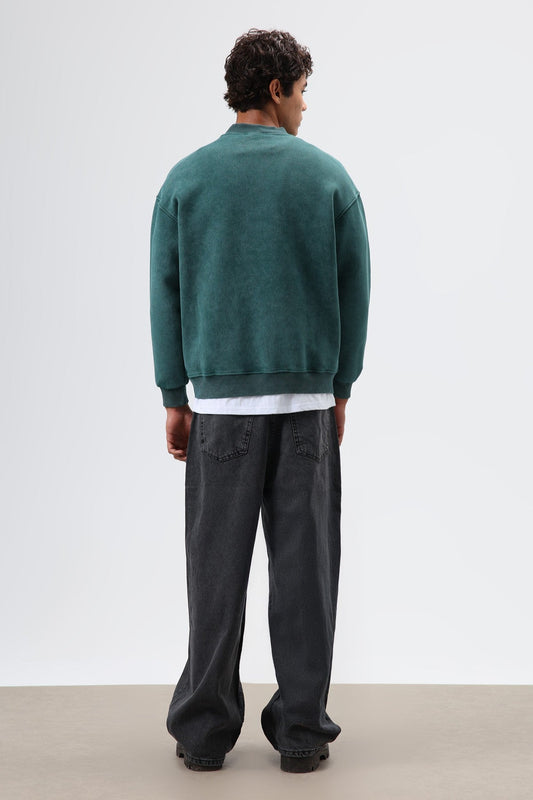 Oversize Henley Yaka Baskılı Sweatshirt