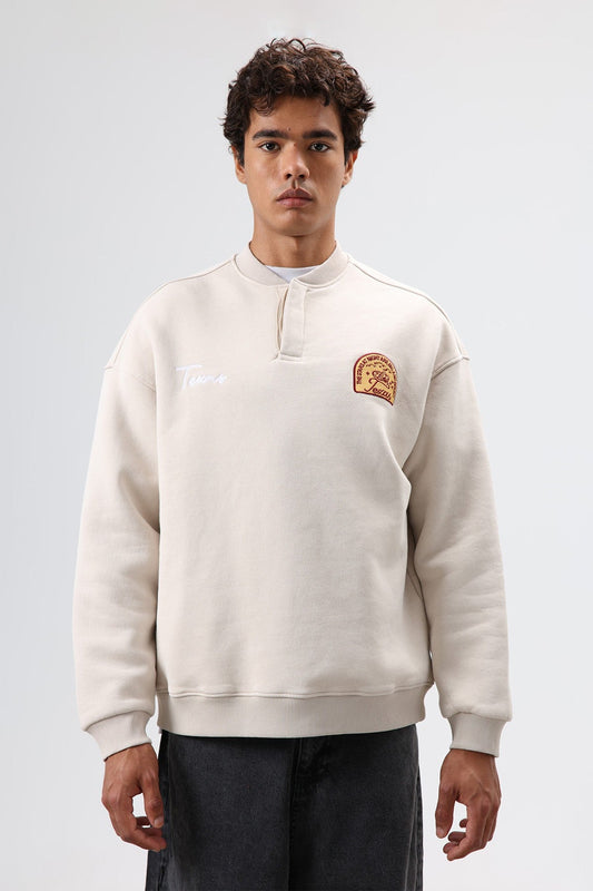 Oversize Henley Yaka Baskılı Sweatshirt