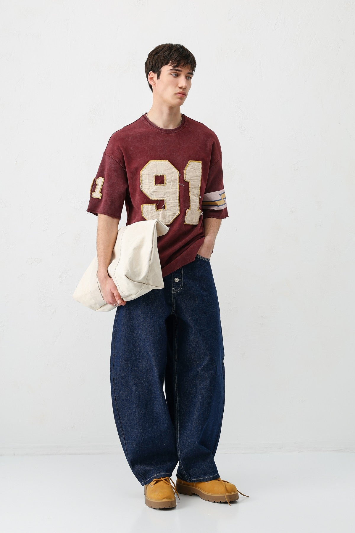 Oversize 91 Baskılı Kol Detaylı Tişört