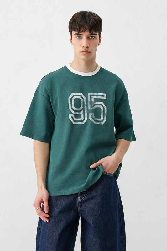 Oversize Bisiklet Yaka 91 Baskılı Tişört