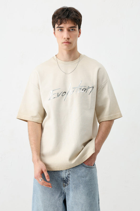 Oversize Bisiklet Yaka Baskılı Heavyweight Tişört
