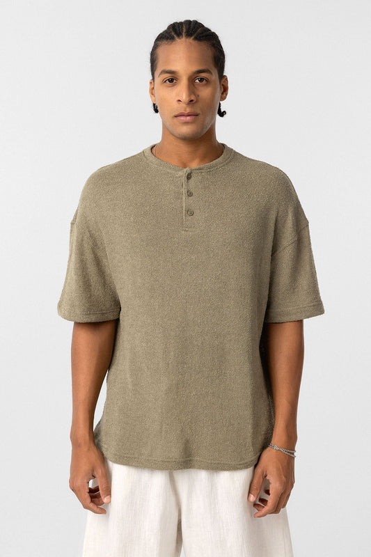 Basic Oversize Düğme Yaka Tişört