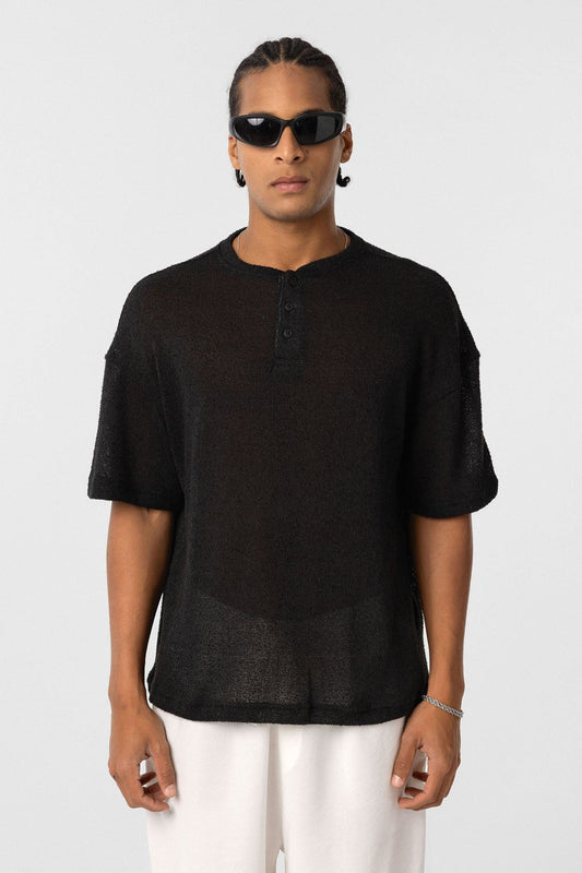 Basic Oversize Düğme Yaka Tişört