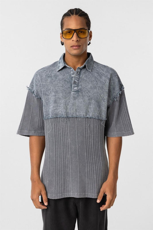 Yıkamalı Triko Oversize Polo Yaka Tişört