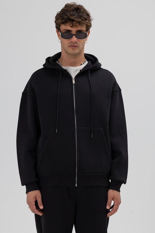 Basic Fermuarlı Oversize Kapüşonlu Sweatshirt