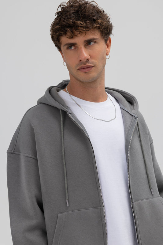 Basic Fermuarlı Oversize Kapüşonlu Sweatshirt